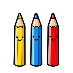 Three cartoon pencils in yellow blue and red colors standing side by side with smiling faces on white background
