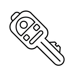Modern car key icon with buttons and key fob 
A stylized black and white line art icon of a modern car key with a key fob, featuring buttons and a circular display.