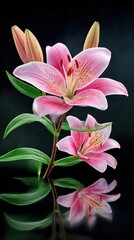Pink lilies reflected on black