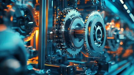 A complex mechanical assembly with gears, cogs, and metal components in a futuristic, industrial setting.