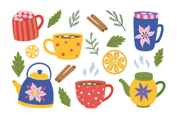 Cozy Beverage Collection: An inviting illustration of a variety of warm, comforting beverages and related elements, perfect for winter or fall themes. Featuring colorful mugs, teapots.