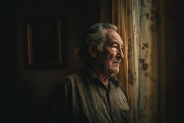 Elderly man gazing out window with somber expression, deep in thought and reflecting on memories, illuminated by soft natural light through curtain, creating contemplative mood