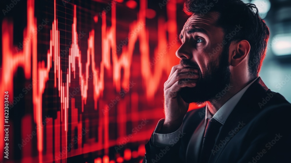Poster a businessman looks concerned while observing fluctuating financial data displayed in red on a scree