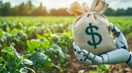 A robotic hand holds a money bag in a lush green field, symbolizing the intersection of agriculture and technology.