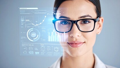 Woman, glasses and virtual reality overlay of digital data analytics, metaverse screen or 3d hologram in studio. Professional person for graphs, charts or statistics in VR software on gray background.