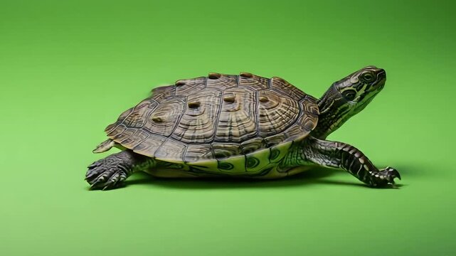 A close-up of a turtle on a vibrant green background, showcasing its detailed shell and features