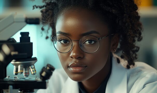 Inclusive image of a Black African American female lab scientist studying under a microscope, emphasizing diversity and representation in scientific research and innovation, Generative AI