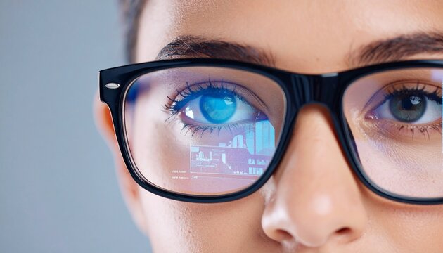 Woman, glasses and virtual reality overlay of digital data analytics, metaverse screen or 3d hologram in studio. Professional person for graphs, charts or statistics in VR software on gray background. - Powered by Adobe