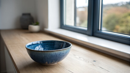 **Handmade cobalt-glazed ceramic bowl in organic modern style on sunlit oak countertop with copy space**  