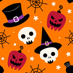 Obraz premium Cute halloween pattern with skulls pumpkins and witch hats