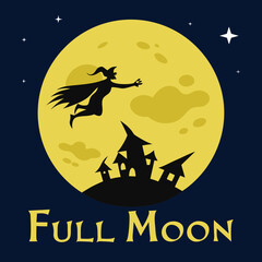 Witch flying past a full moon over haunted houses