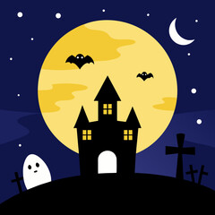 Spooky halloween night with haunted house bats and ghost