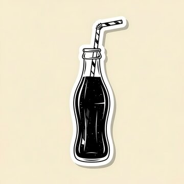 Refreshing dark soda beverage in classic glass bottle with striped straw, perfect for advertising and design