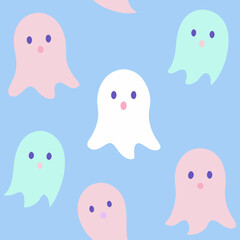 Cute pastel ghosts floating on a light blue background