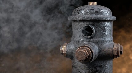 A weathered fire hydrant with a rusted valve and a large hole in the middle stands against a dark background.