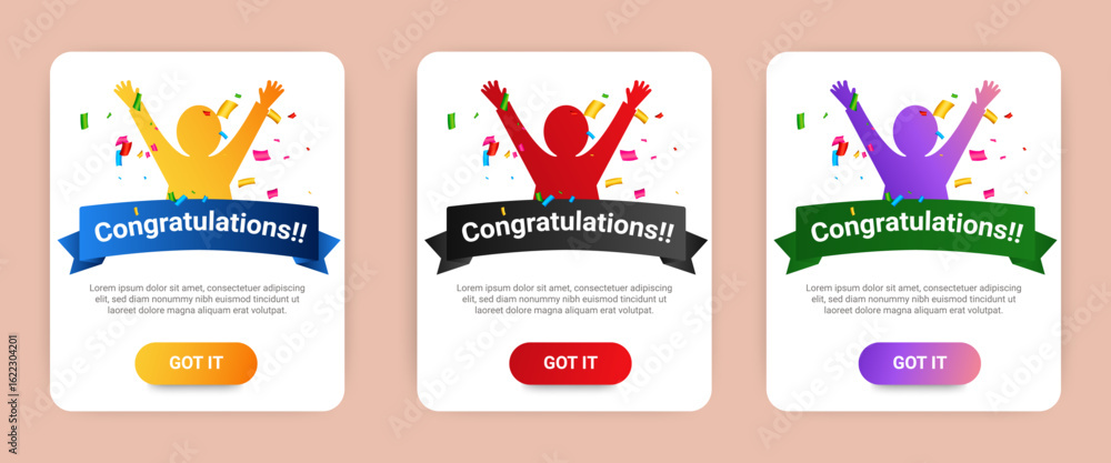 Aufkleber congratulations pop up banner vector design. notification pop up flash message awards ui ux.