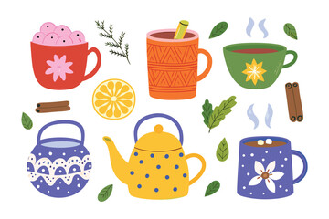 Cozy beverage collection: A vibrant collection of warm beverages, tea pot, and delicate floral, set amidst a cozy and inviting atmosphere, evoking a sense of comfort and relaxation.