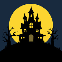 Spooky haunted house silhouette under a full yellow moon