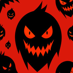 Spooky black ghosts with fiery orange eyes on a red background