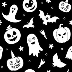 Spooky halloween pattern with ghosts pumpkins and bats