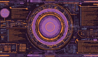 Complex digital interface with concentric circles,  purple, orange, and dark tones.  Data streams and HUD elements fill the background
