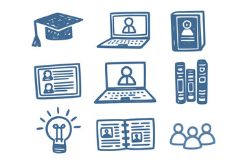 Education and Technology Illustration: A collection of hand-drawn education and technology icons, showcasing the fusion of knowledge with technology.
