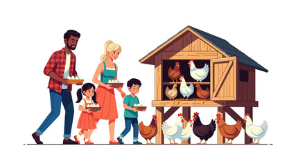 Naklejka premium A delightful cartoon illustration capturing a family collecting fresh eggs from their chicken coop in the countryside