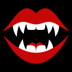 Stylized vampire mouth with red lips and white fangs