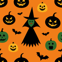 Spooky halloween witch and pumpkins seamless pattern