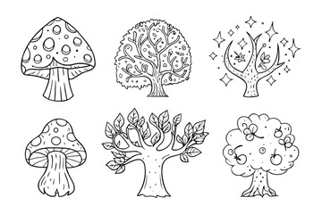 Whimsical Illustrations of Nature: A captivating monochrome illustration set featuring delightful trees and mushrooms, perfect for projects seeking a touch of enchantment.