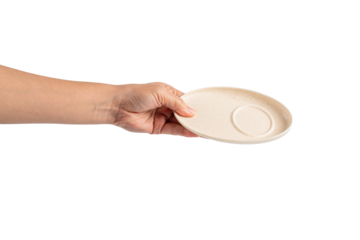 Oval white plate in hand on transparent background