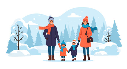 Fototapeta premium Winter Family Outing: A Happy Scene of Togetherness in a Snowy Landscape Painting