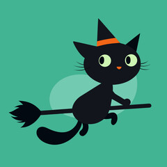 Cute black cat wearing a witch hat flying on a broomstick