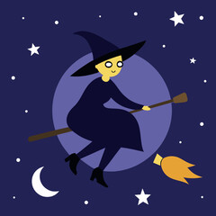 Cartoon witch flying on a broomstick under a crescent moon and stars