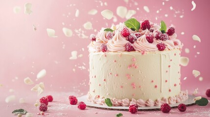 Delicious raspberry cake with white frosting, decorated with fresh raspberries and mint, and white chocolate shavings falling around it on a pink background.