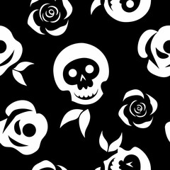 White skulls and roses on a black background seamless pattern