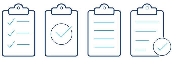 Clipboard Editable Line Icons Set. Clipboard, checklist, report, survey or agreement editable stroke outline icons. Document icon vector. File icon illustration. Checklist clipboard icon. Simple check