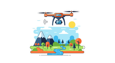 Naklejka premium Scenic Drone Illustration: Aerial Photography Capturing Mountains, Forest, and River Landscape in Vibrant Colors for Modern Exploration