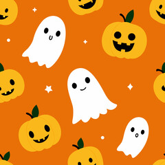 Cute halloween pattern with smiling pumpkins and friendly ghosts