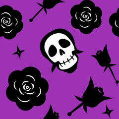 Halloween skull and black roses pattern on purple background