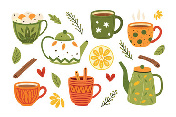 Cozy Drink Collection: A delightful assortment of warm, inviting cups and teapots, embodying the essence of comfort and tranquility, perfect for evoking feelings of home and relaxation.