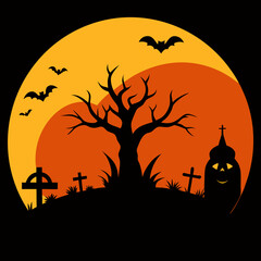 Spooky halloween cemetery scene with bats and jack o lantern