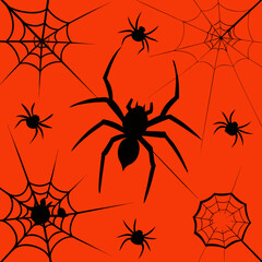 Spooky halloween spiders and webs on an orange background
