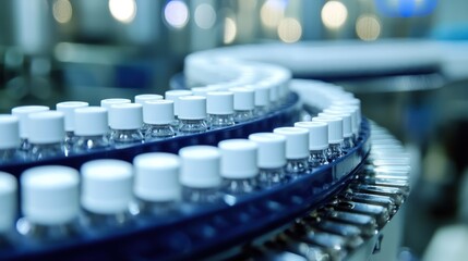 A blue and white conveyor belt with clear plastic bottles moving along it.