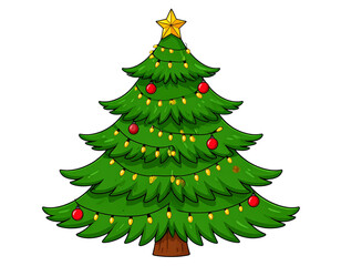  Hand-drawn Christmas Tree with String Lights and Star Topper &ndash; Transparent PNG Illustration