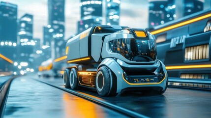A futuristic, sleek, gray and yellow autonomous vehicle with advanced technology, driving on a sleek, futuristic road with a cityscape in the background.