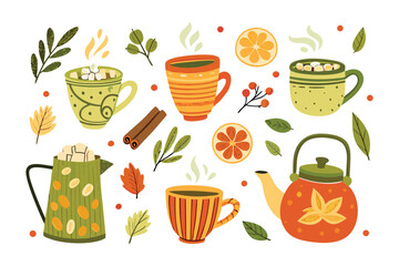 Cozy Tea Time Illustration: A collection of delightful tea-related illustrations, featuring vibrant teacups, a teapot, and aromatic elements.