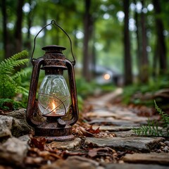 Path lit by a vintage lantern