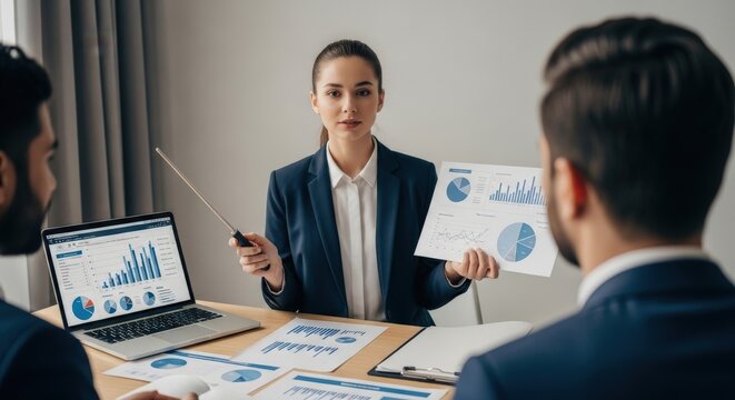 Business Presentation: Woman Presenting Charts to Colleagues.