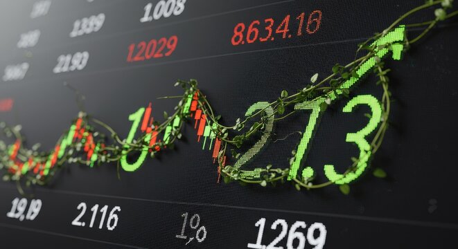 Stock Market Data with Green Vine Growing Upwards.
